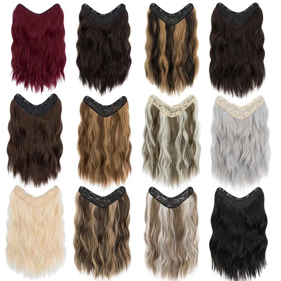 Perruques synthétiques synthétique longue vague bouclée coiffure 5 clips dans les cheveux 18 pouces une pièce postiche brun blond noir faux cheveux pour les femmes 240329