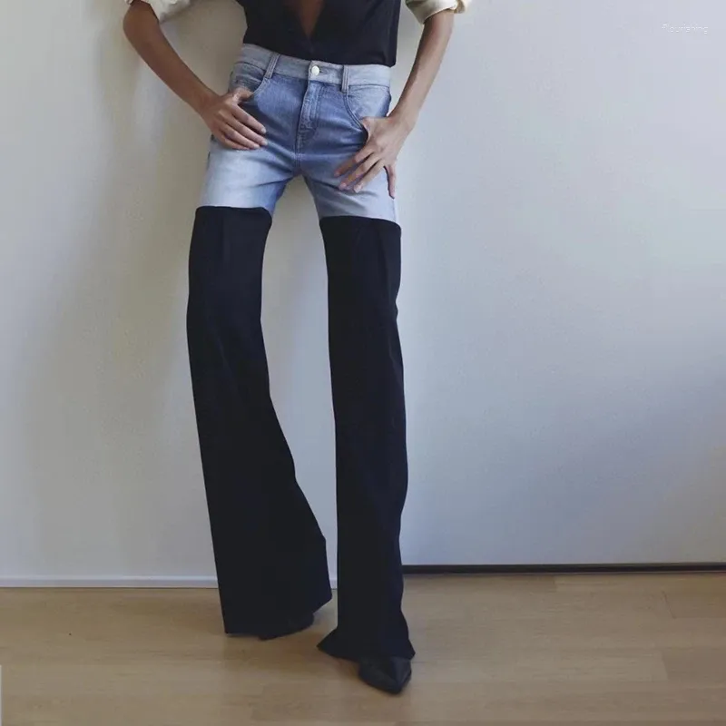 Damen Jeans 2024 Frühling Schwarz und Blau Farbe Kollision Schlaghose Mode Slim Baumwolle Damen Hohe Qualität Vielseitig Y2k