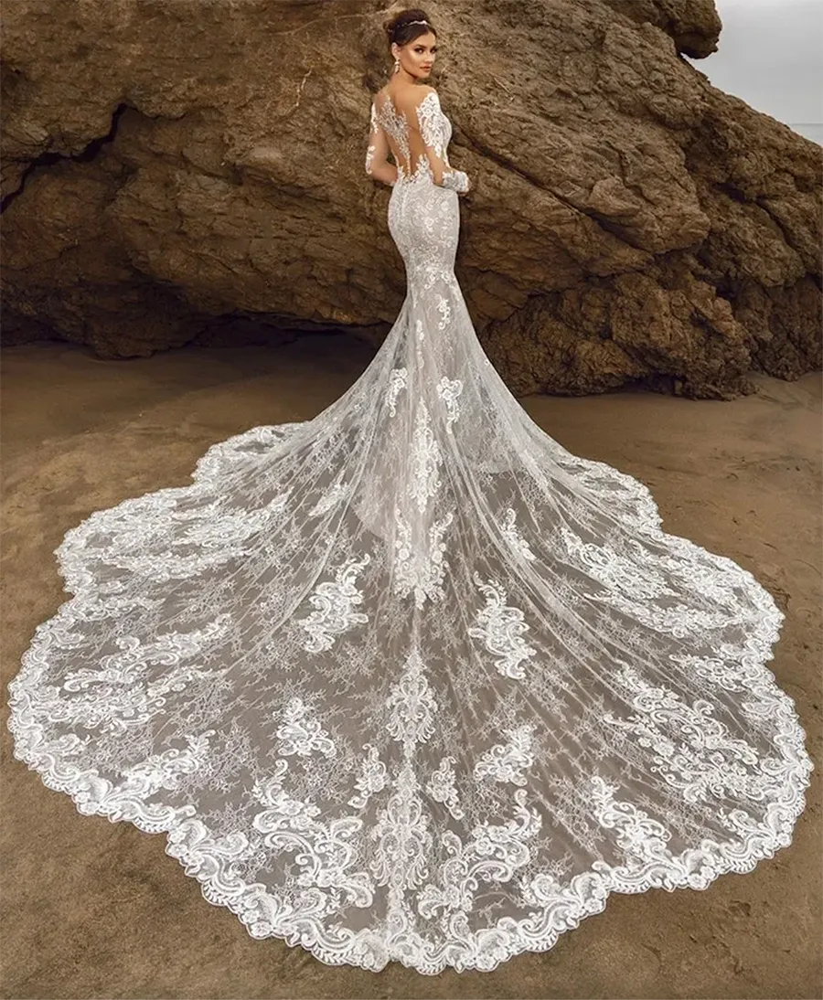 Neueste Illusion Brautkleid Meerjungfrau Spitze Tiefem V-ausschnitt Volle Ärmel Kapelle Zug Plus Größe Braut Kleid 2024 Vestidos De Novia Mariage