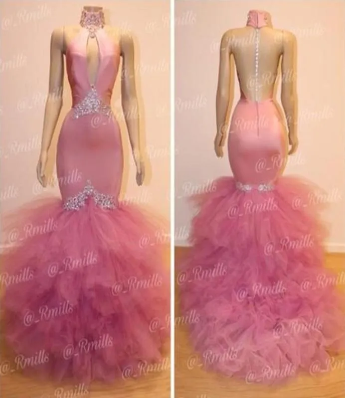 High Neck Pink Tulle Mermaid Prom Dresses 2019 Backless Beading Crystals Puffy Formal Dresses Evening Wear Pageant Gowns Party9501945