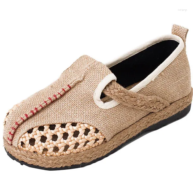 560 Linen Trend Shoes Walking Breathable Lazy Flat Round Mianma Folk Canvas For Women Slip Foot Hollow
