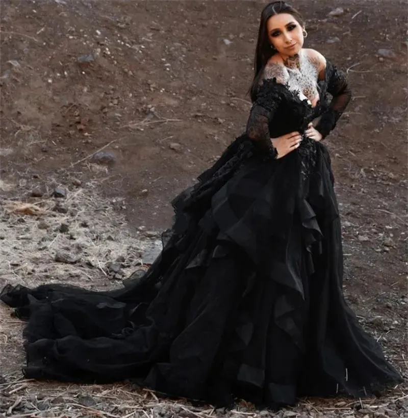 Vintage Gothic Off-Shoulder Black Gothic wedding dress with Long Sleeves, Ruffle A-Line, Lace Appliques, Open Back, and V-Neck - Plus Size Bridal Gown