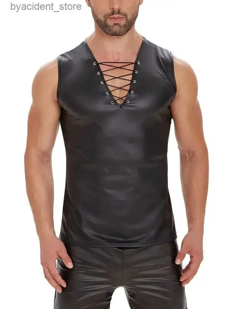 Men's Tank Tops S-7XL Sleeveless Faux PU Leather Tank Top Deep V-neck Bandage Vest Tanktop Tight Bodybuilding Hot Shapers Muscle Shirt Shapewear L240319