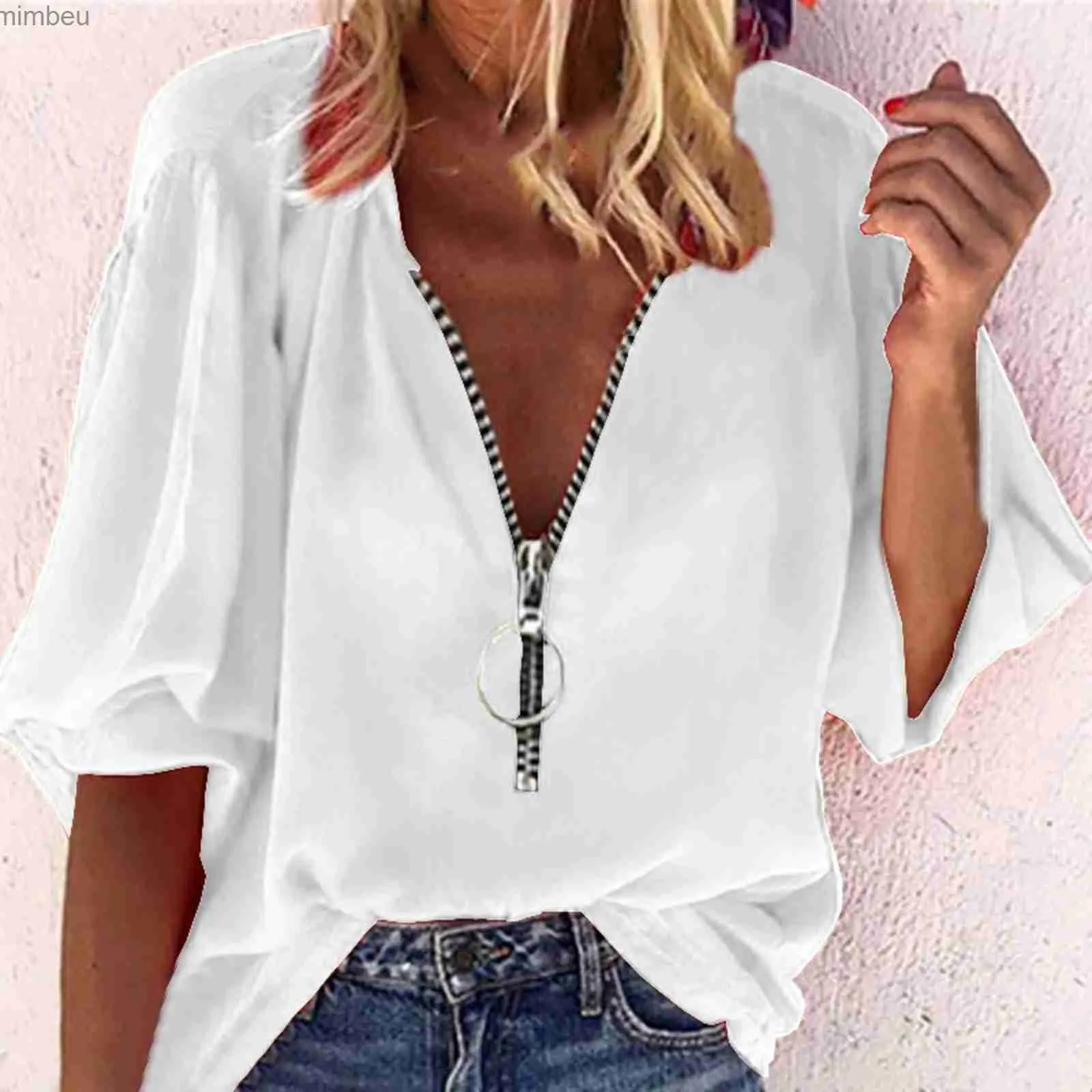Women's T-Shirt New Womens Tops Casual Solid Long Sleeve Pullover Tops Loose Plus Size Zipper V-neck Daily T-Shirt Tops Bohemian Women ClothingC24319