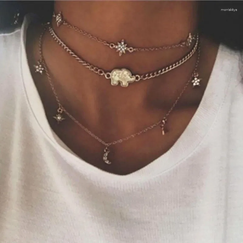 Gargantilla de moda Simple collares multicapa cadena de 3 capas Luna estrella elefante colgante Collier bonito regalo para mujeres