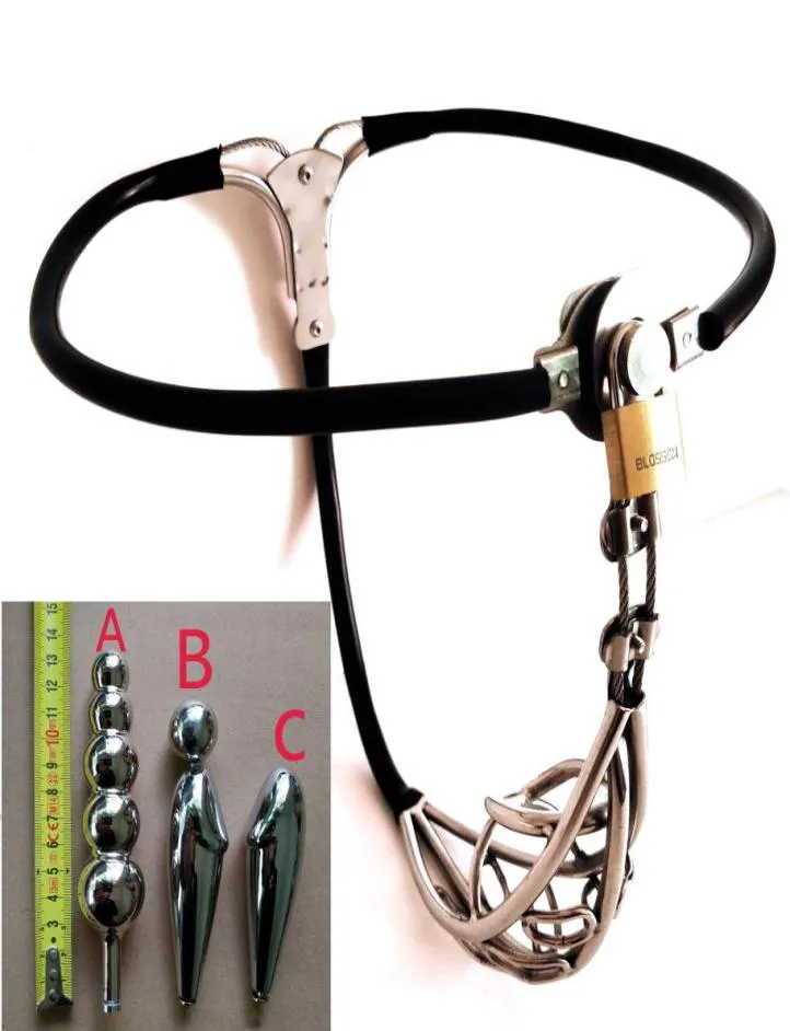 Male Belt Stainless Steel Cage Adjustable Waist Cock Cage Strapon Pants With Anal Plug2901311