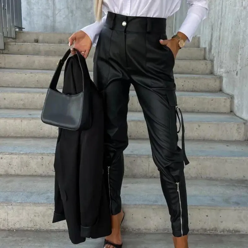 Calças femininas Curvy Mulheres elegantes cintura alta lápis de couro falso com zíper decoração multi bolsos para calças compridas slim fit