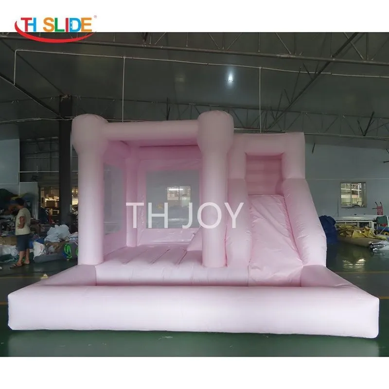 ÜCRETSİZ Teslimat Açık Hava Aktiviteleri 4x4m (13.2x13.2ft) Üfleyici Dış Mekan Şişirilebilir Düğün Düğün Bouncer Pastel Pembe Bouncy Kalesi Slayt ve Top Çukur kombinasyonları parti için