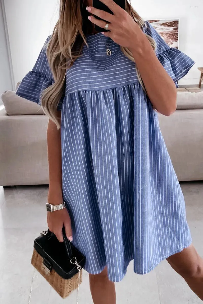 Casual Dresses Ruffled Sleeves Striped Babydoll Mini Dress Women Summer A Line Beach Holiday Loose