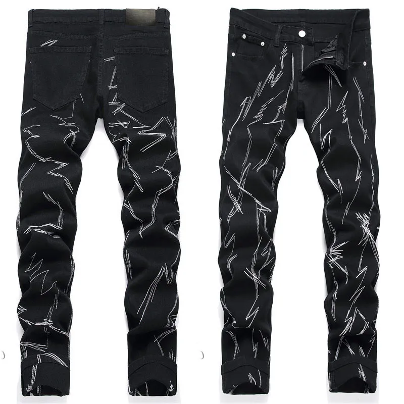 Black Mens Robin Jeans Ripper Denim Long Pants Skinny Fit Slim Men's Stretch Jean Estruerad Designer Stripe Brodery Trouser Top Quality Storlek 29-38