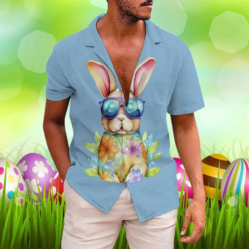 Herren-Freizeithemden, Herren-Knopf-Bodysuit, Herren-Ostern-Druck, kurzärmelig, Herren-Hemd, Frühling, Sommer, Damen-Tunika