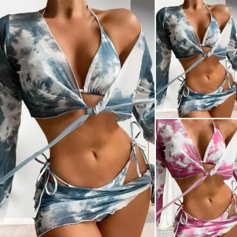 Maillots de bain pour femmes Tie-Dye Bikini Set Imprimer avec jupe de couverture Haut à manches longues pour femmes Maillot de bain sexy Cordon de serrage