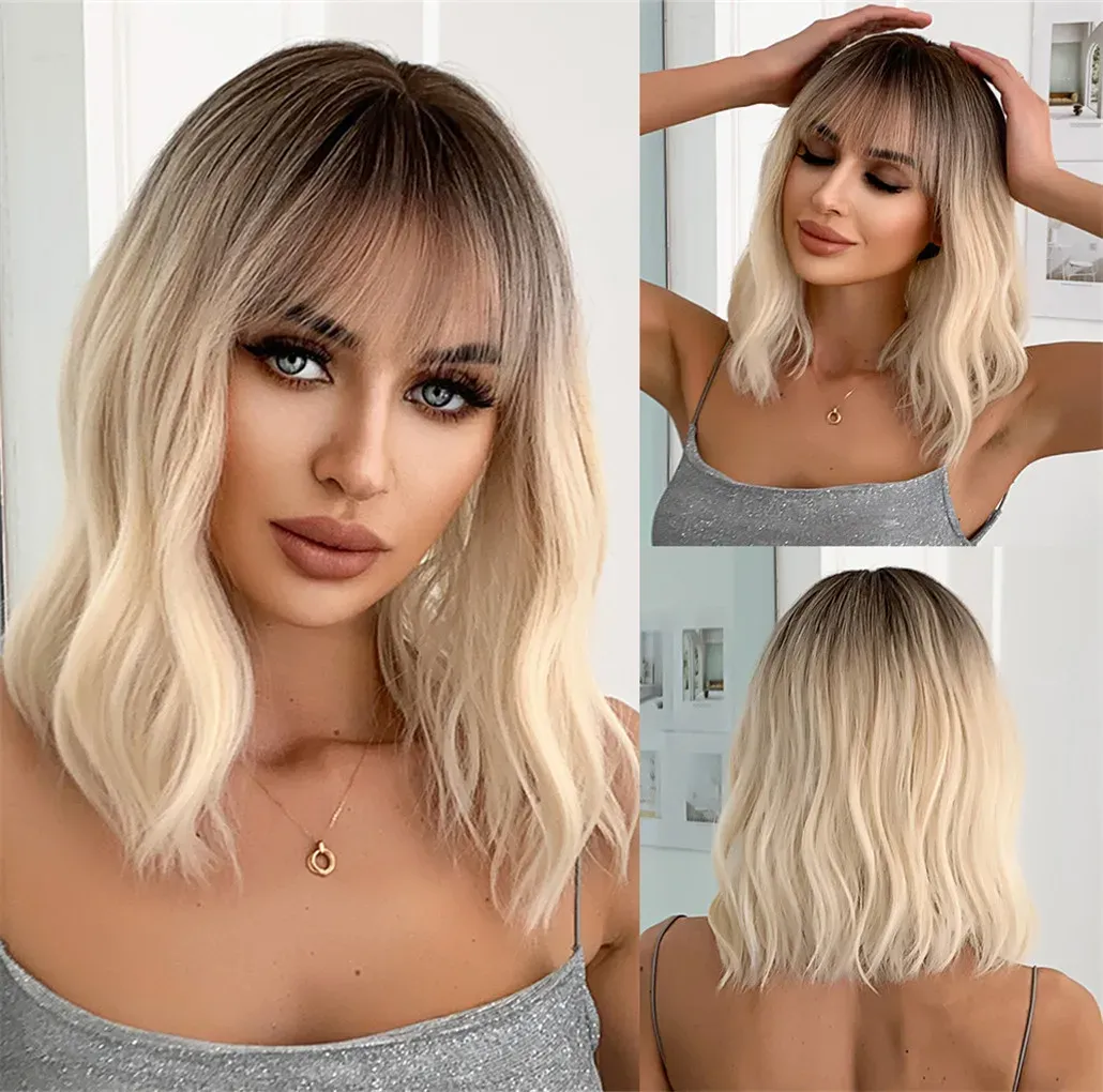 Peruker kort blond vågsyntetiska peruk med lugg ombre blond bob hår peruk söt daglig cosplay hår värme resistent fiber för kvinnor afro