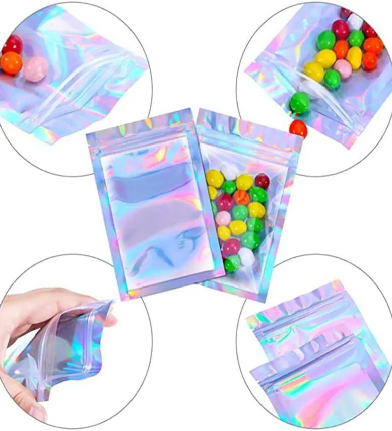500pcs Drop Resealable Mylar Bags Holographic Color Multiple Sizes Smell Proof Bag Clear Zip Lock Food Candy Storage Packi4680667