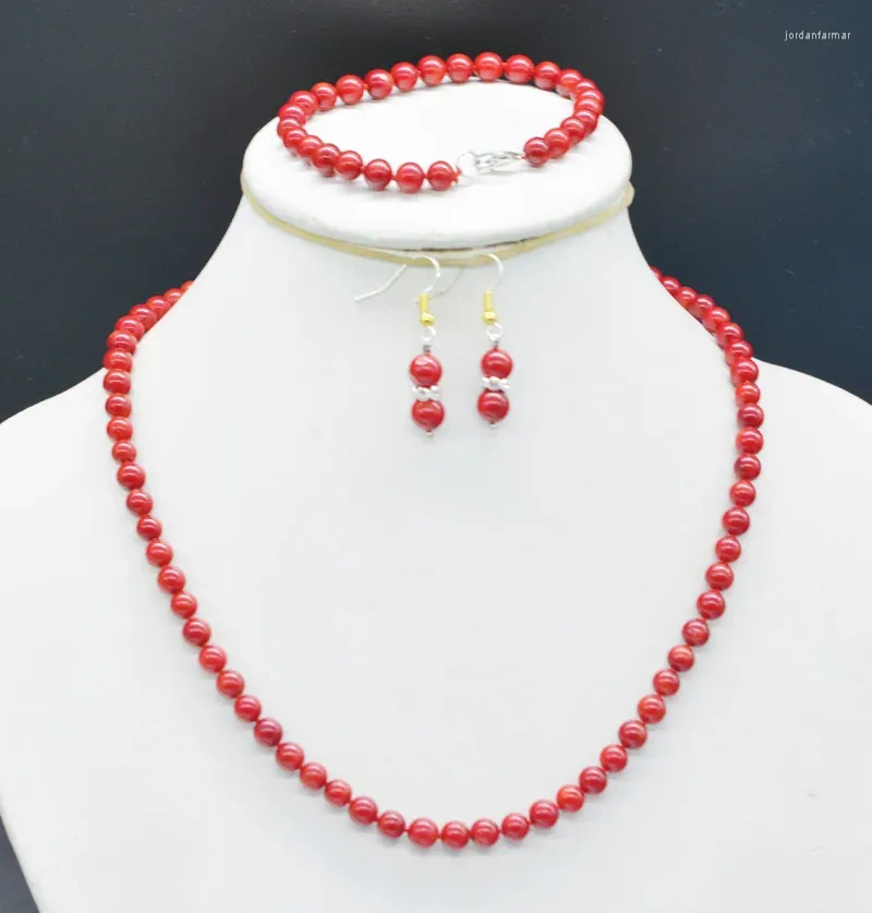 Ensemble de boucles d'oreilles collier 20 ensembles de colliers de corail rouge naturel de 6 mm.Bracelet.Boucle d'oreille.