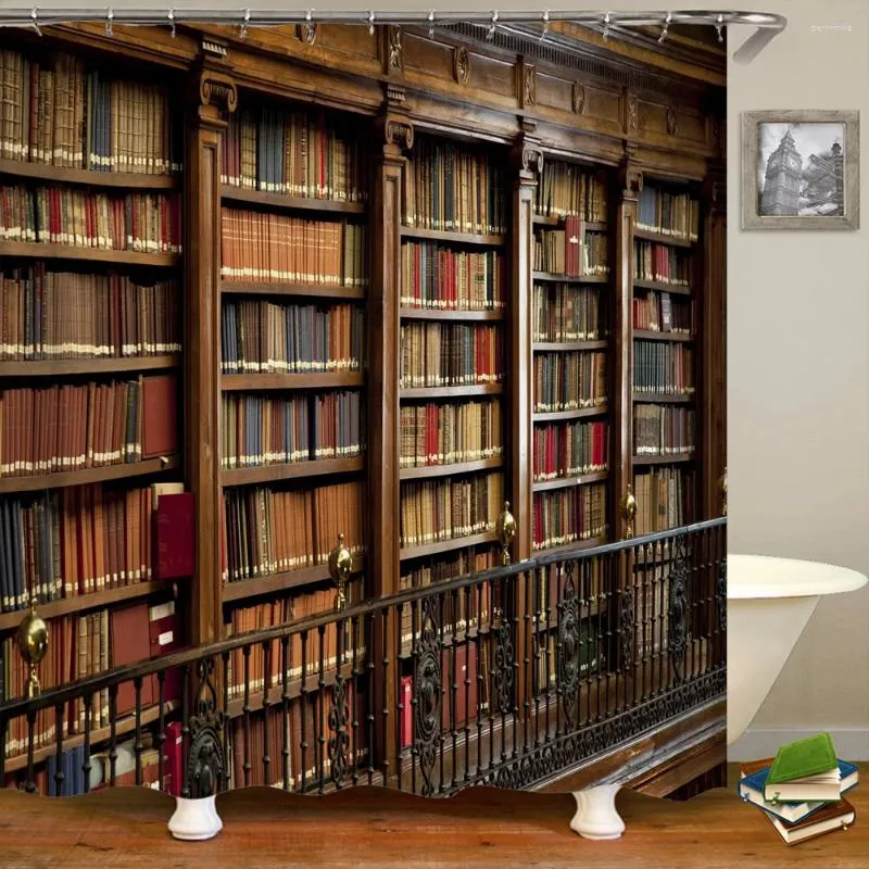 Douchegordijnen 3D-geprinte badkamer Scandinavische retro-stijl boekenplankgordijn met haak Woondecoratie Waterdichte stof Badscherm