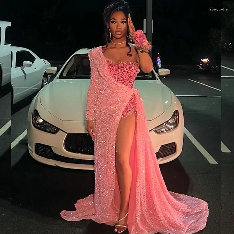 Party Dresses Shinny Pink Prom For Black Girls One Shoulder Thigh-High Slits Sequined Africa Matric Dance Gowns Homecoming Dress