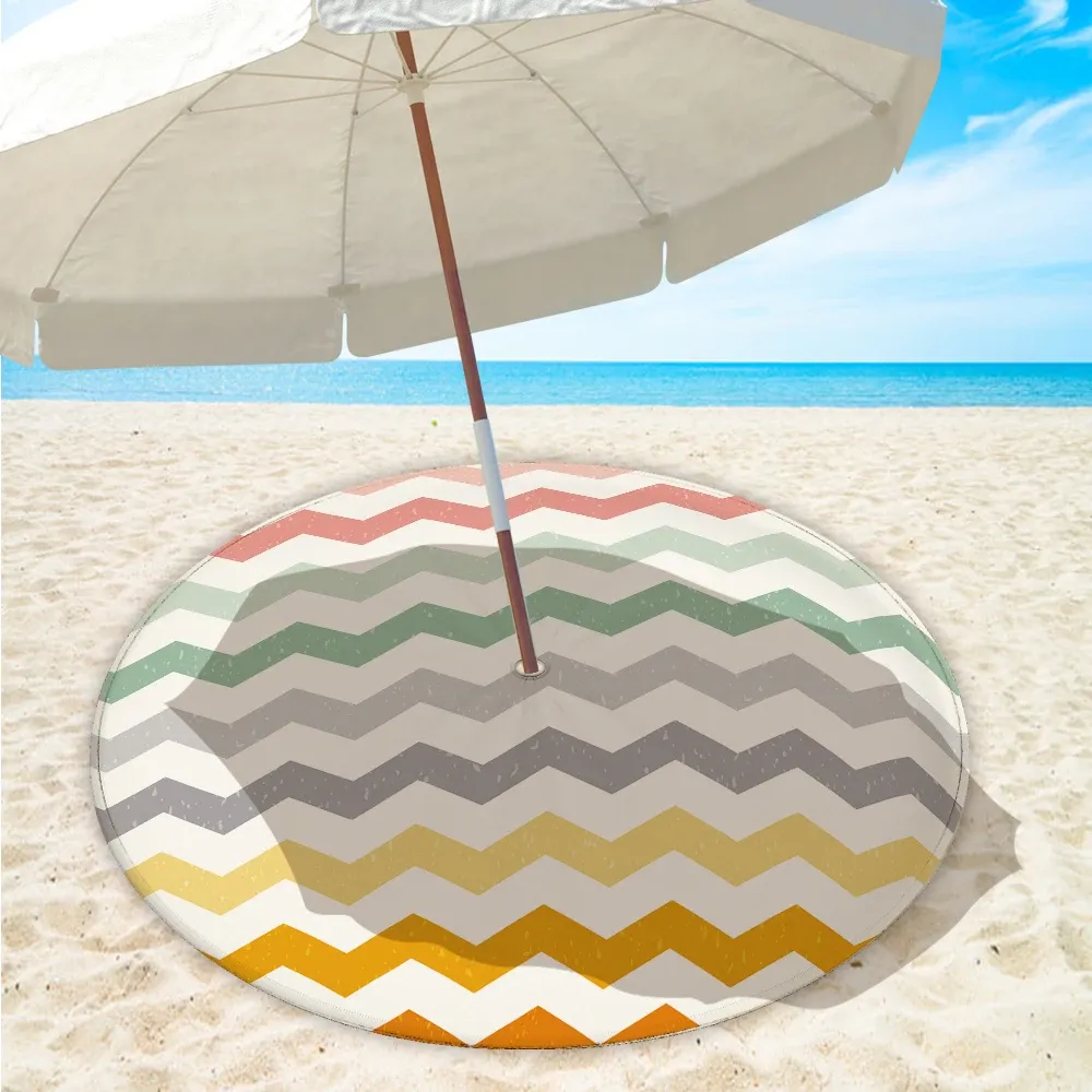 Mat Fashion Striped Round Beach Mat For Beach Umbrella Fixed With Hole Snap Buttons Outdoor Microfiber Quick Dry Circle Beach Towels