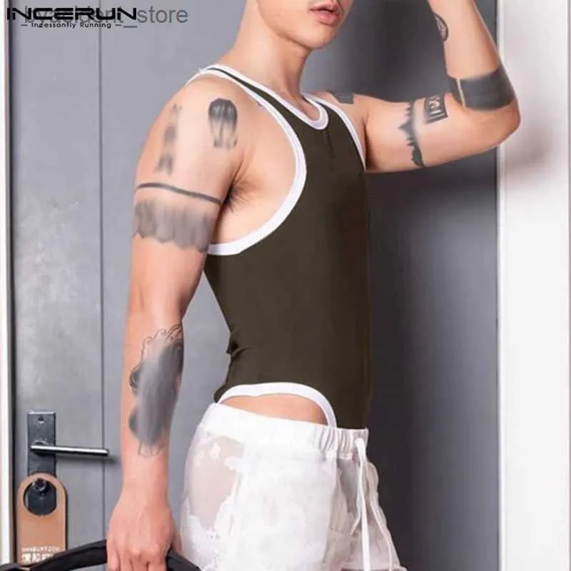 Herren-Tanktops 2023 Männer BodySuits Patchwork dünne sexy o-neck ärmellose Rompers Tanktops Gemütlicher Pyjamas männlicher Bodysuit S-5xl L240319