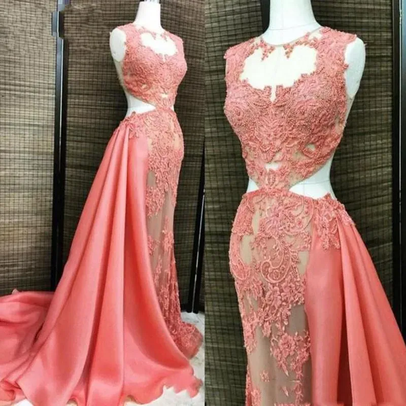 Sexy Watermelon Red See Through Prom Dresses Gutaway Sides Mermaid Illusion Sleeveless Mermaid Evening Gown Sweep Train Cocktail Party Dress