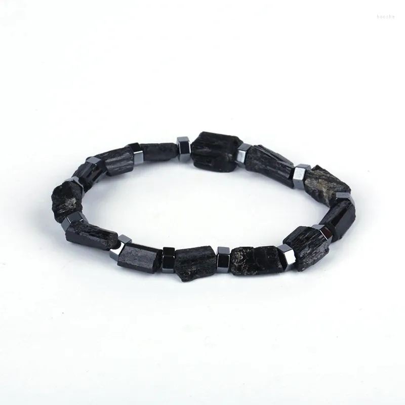 Strand Natutal Raw Rough Black Tourmaline Hexagon Hematite Bead Charms Unisex Armband Healing Energy for Man Women