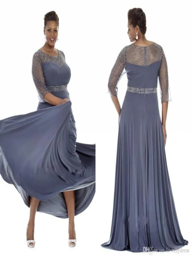 Cinza Plus Size Vestidos de Ocasião Especial 2019 Mangas Transparentes Vestidos de Noite Com Contas Mãe da Noiva Vestido de Festa Plus Longo Dres7181498