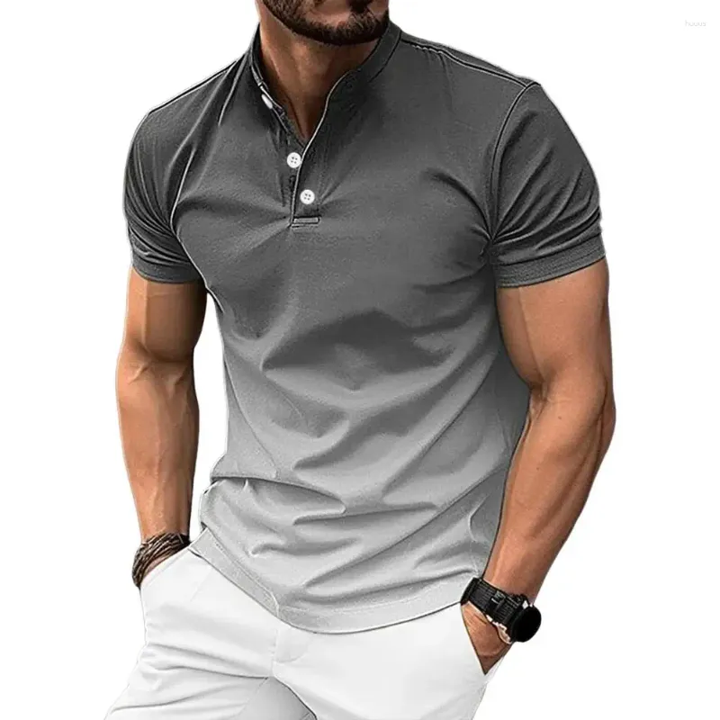 Men's T Shirts Men Top Gradient Color Summer Shirt With Button Collar Business Commute Style For Wear Breathable Stylish Pullover