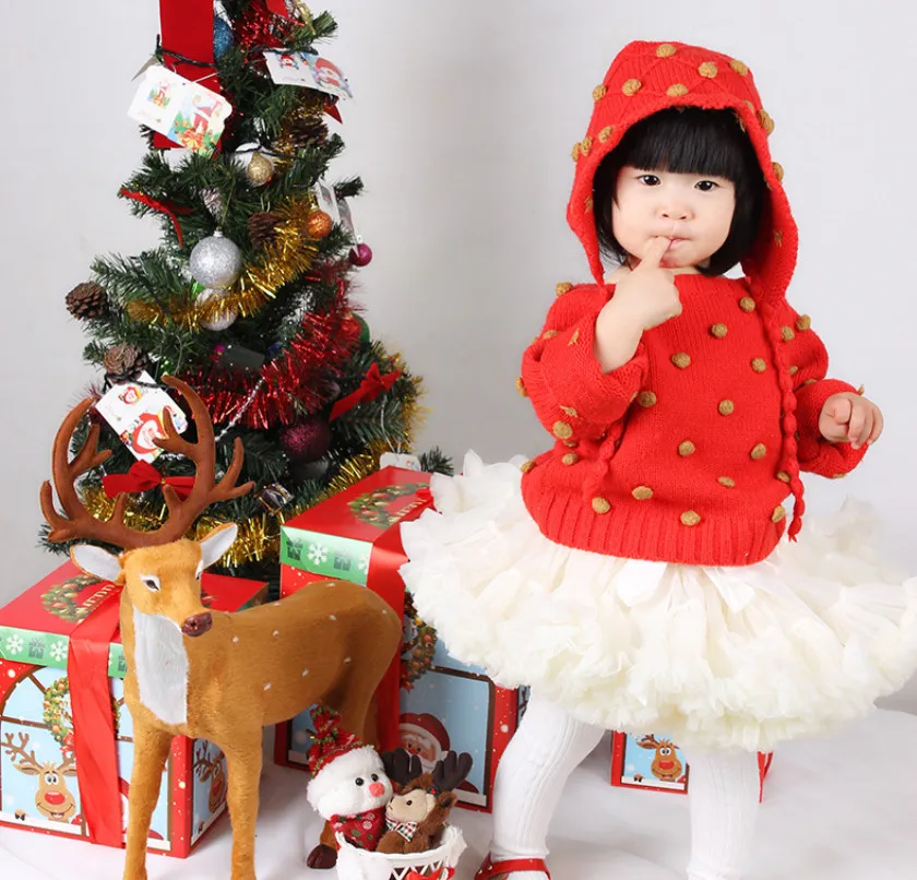 Weihnachten Mädchen Strickpullover Kinder Pompons Applikation Langarm Pullover Tops mit Elfenhut 2er Sets Weihnachten Kinder Prinzessin Kleidung Z5270