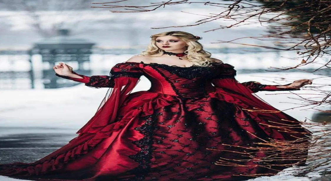 Abito da sposa gotico bordeaux e nero con applicazioni di pizzo a maniche lunghe Principessa addormentata vittoriana della Bella Addormentata Principessa Medievale Inverno 4018776