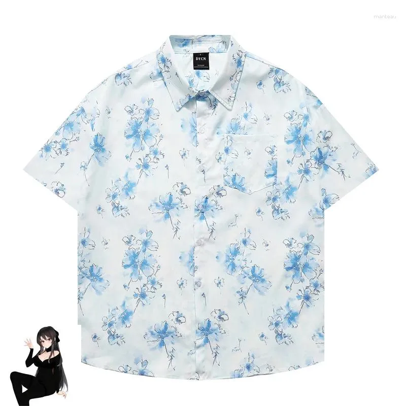 Men's Casual Shirts Light Blue Flower Print Short Summer Men Women Loose High Quality Thin Hawaii Beach White Clothes Tops Tee