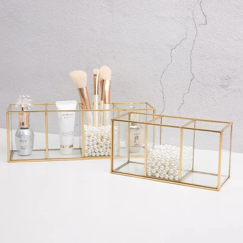 Caja de almacenaje para brochas de maquillaje de cristal transparente, contenedor de cosméticos dorado, anillo, soporte para lápiz labial, organizador de brochas de maquillaje