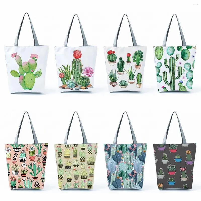 Totes Faltbare Reise-Strand-Umhängetasche, Kaktus-Tragetaschen für Damen, Sommer, hohe Kapazität, tragbare Einkaufs-Handtaschen mit Blumendruck