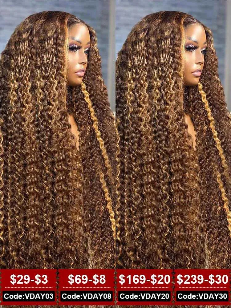 Syntetiska peruker Human Chignons Pre Cut Highlight Wig Curly Human Hair 13x4 Deep Wave Bleached Knots Glueless Wigs 4/27 Pre Plucked Wear and Go Human Hair Wigs 240327