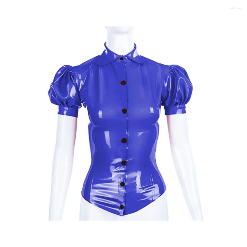 Damskie bluzki moda Puff krótkie rękaw Slim Fit Shirt Glosy Pvc Skórzane guziki Down Down Down Turn-Down Collar Rave Bar Club