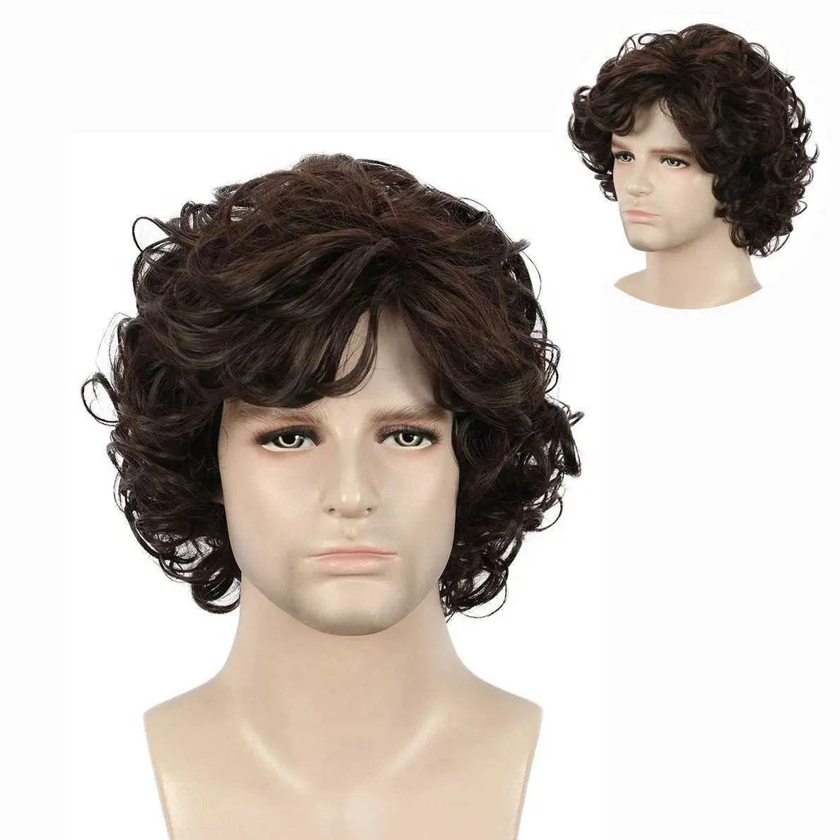 Parrucche sintetiche Gres Uomo Parrucca corta ondulata marrone Costume cosplay di Halloween Parrucche sintetiche per capelli Fibra ad alta temperatura realizzata a macchina 240328 240327