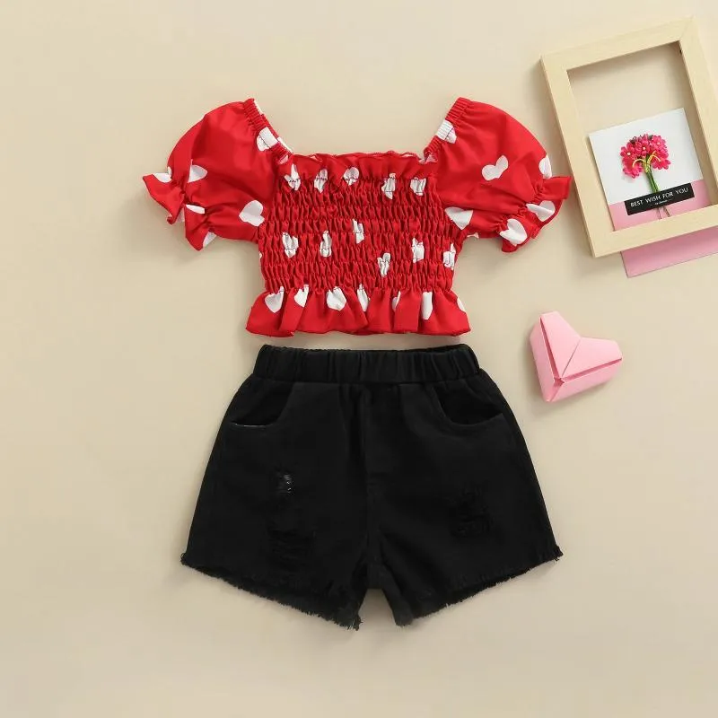 Kläder sätter Citgeesummer Valentines Days Kids Girls Clothes Off Axel Ruffles Kort ärm Hjärttryckt T -skjortor Denim Shorts