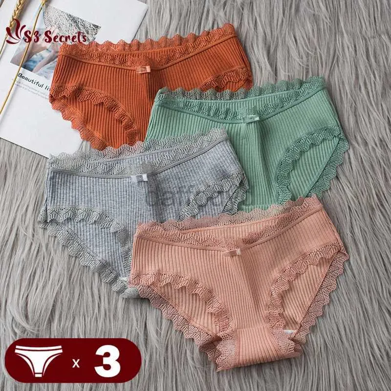 Women's Panties 3PCS/Lot Sexy Briefs Women Middle Waist Cotton Underwear Bowtie Panties Breathable Lace Intimates Antibacterial Crotch Lingere 24323