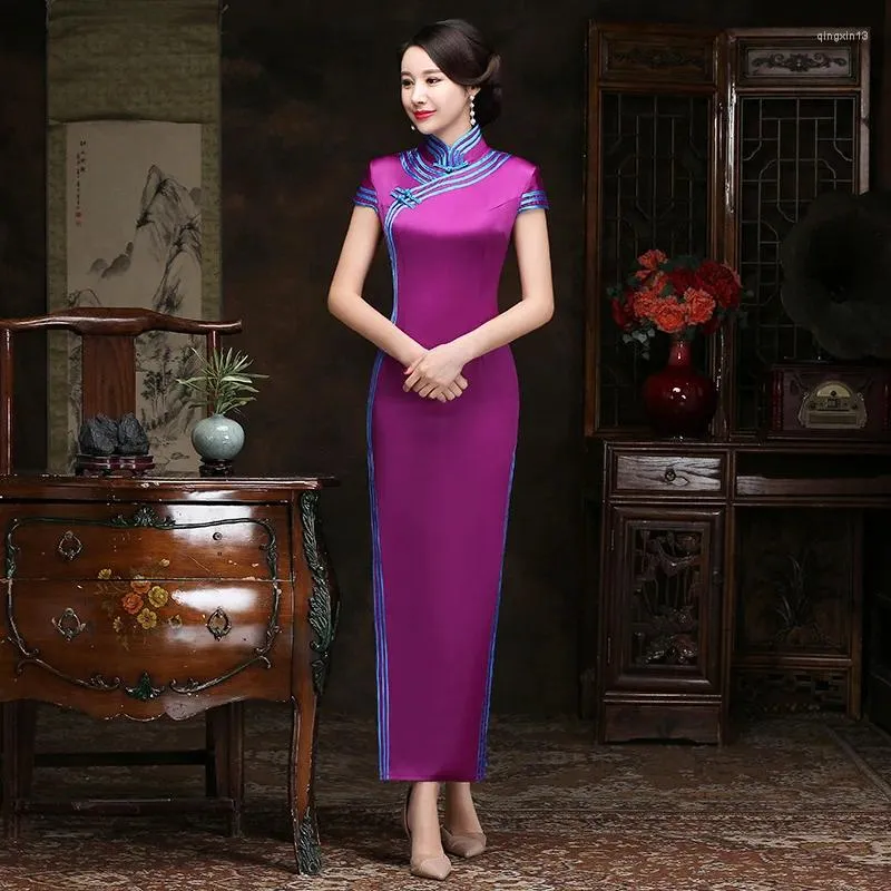 Ethnische Kleidung Plus Größe 3XL 4XL 5XL Slim Lila Qipao Sexy Satin Cheongsam Elegante Mandarin Kragen Chinesisches Kleid Lange Klassische Vestidos