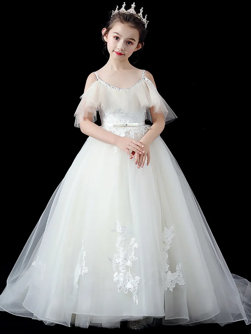 Girls' Stunning V-Back Tulle Ball Gown - Luxury Pageant Dress For Ages 2-12, White (Size 8) - View #5