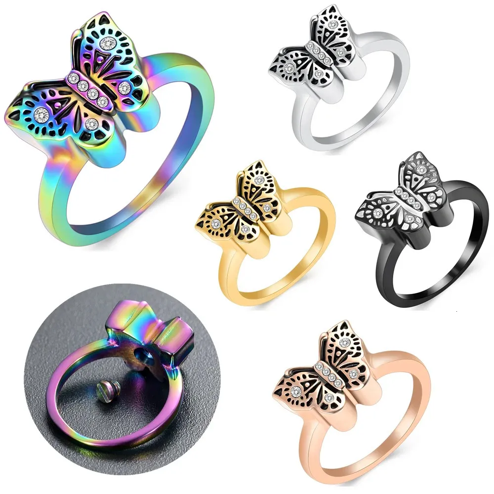 Engraved Butterfly Memorial Urns Ring Jewelry Stainless Steel For Pet Ashes Women Present Keepsake Cremation Jewelry Customized 240312