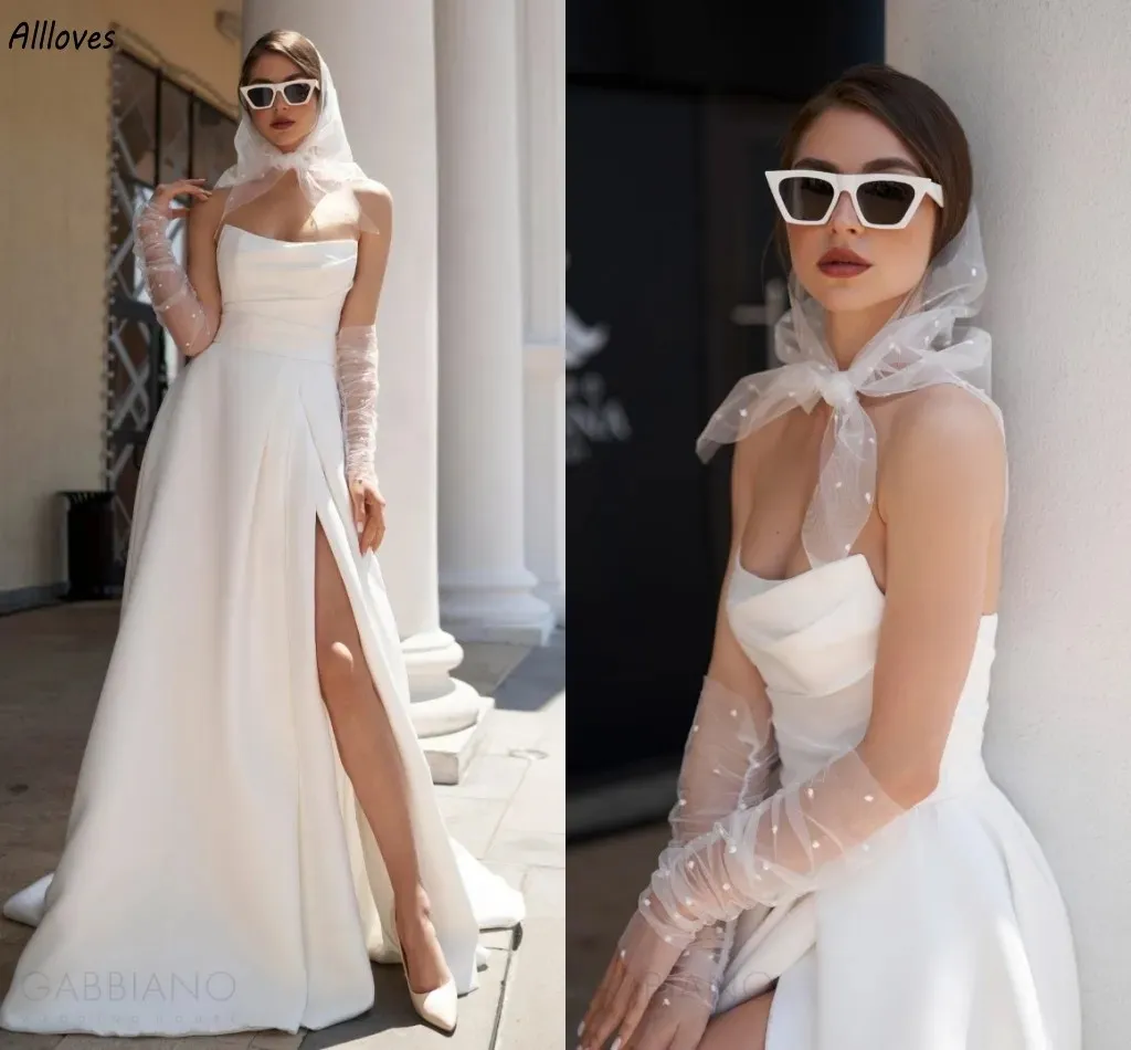 Moderno branco cetim uma linha vestidos de casamento simples strapless boho praia jardim vestidos de noiva plissado sexy alta divisão mulheres segunda recepção vestido de casamento robes yd