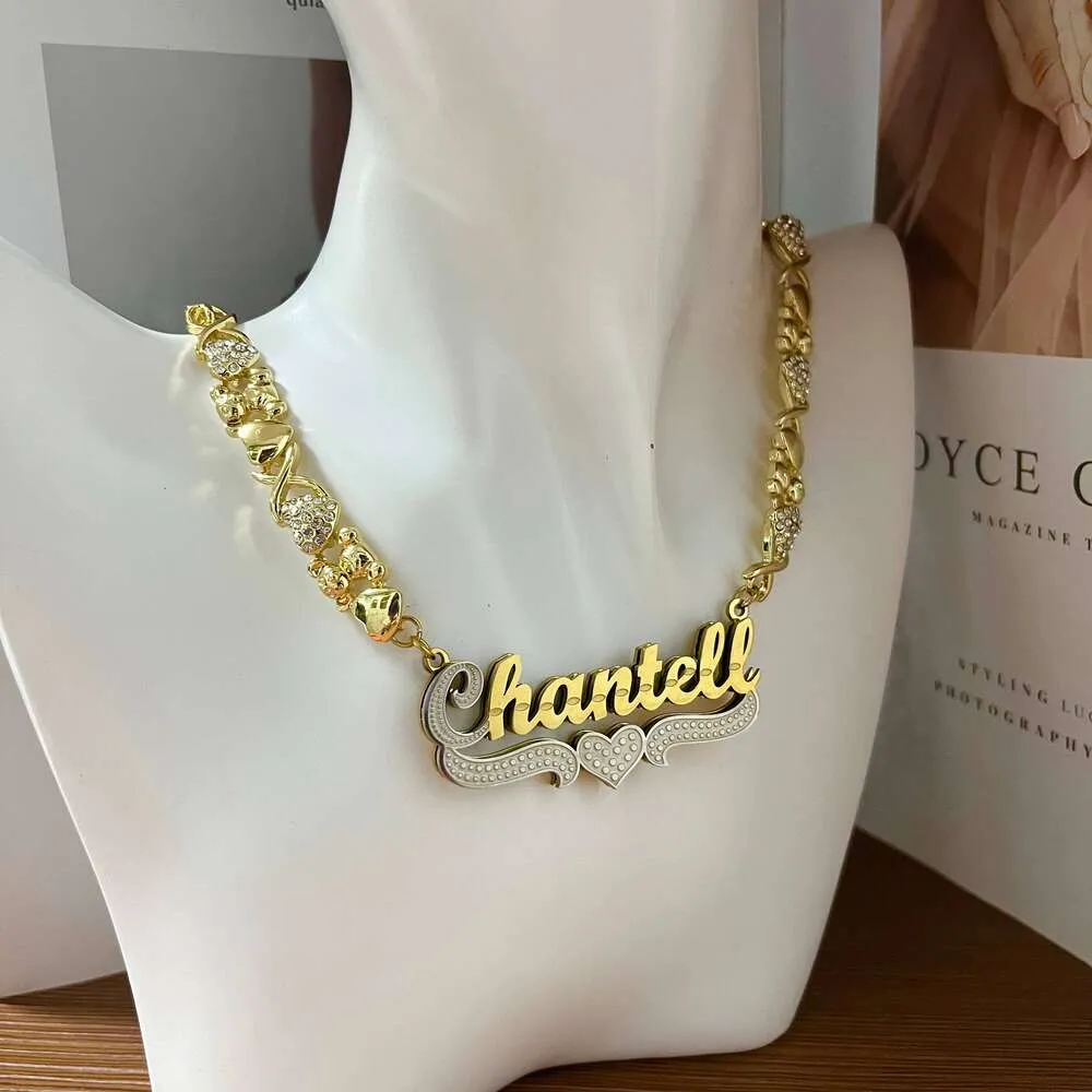 thumbnail image 2 of Personalized 14K Gold Plated Double 3D XO Hugs & Kisses Name Necklace – Custom Crystal Pendant 2 of 5