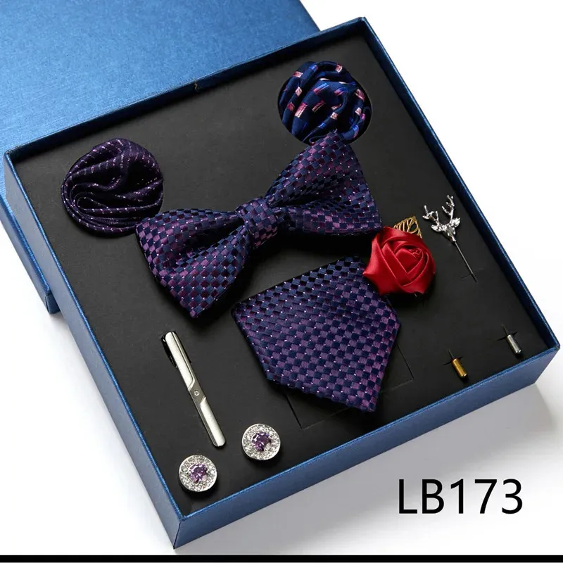 Luxury Quality Tie Set med slips Bowtie Pocket Square Cufflinks Clip Brosches for Man Bussiness Wed Party Present Box 240315