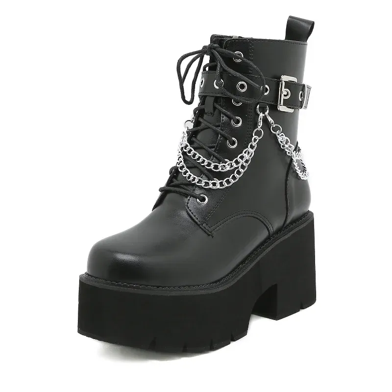 Bottes Femme Plateforme Boots Boots Black Gothic Pu Leather Femme Creeper Punk Chaussures Femme Femme Boots courts gros et taille