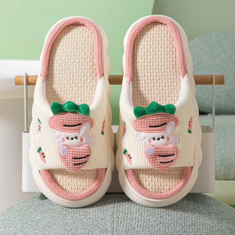 HBP Non-Brand Lovely Rabbit Linen Slippers Women Couples Non Slip 4cm Thick Soled Spring Summer Frog Animal Linen Cool Slippers Home Slipper