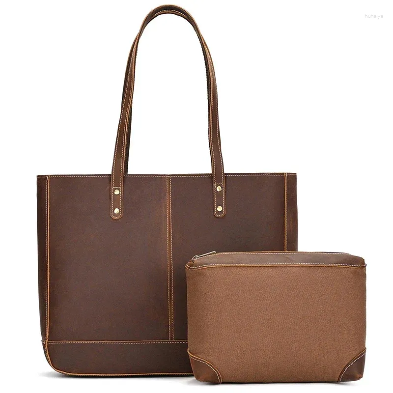 Borsa tote da lavoro in vera pelle con coulisse per donna Borsa grande con piccola spalla maschile combinata per trucco