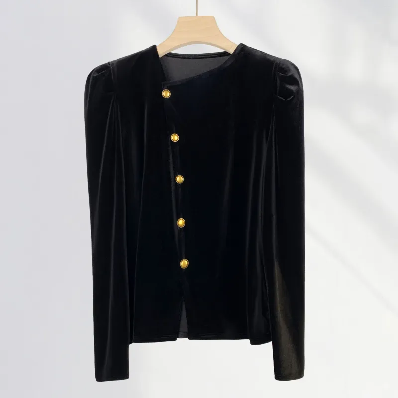 Camicette da donna Stile francese Velluto nero Top Cappotto Donna Primavera Maniche a sbuffo Colletto obliquo Camicie lunghe vintage Cardigan semplici ed eleganti