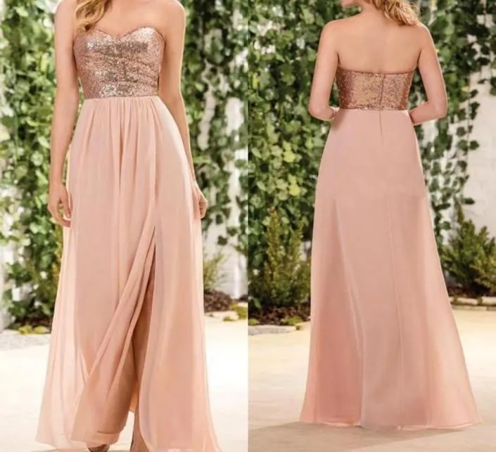 2018 Rose Gold Sequined Bridesmaid Dresses Sweetheart Side Split A Line Long Country Maid of Honor Gowns Beach Wedding Guest Party4676934