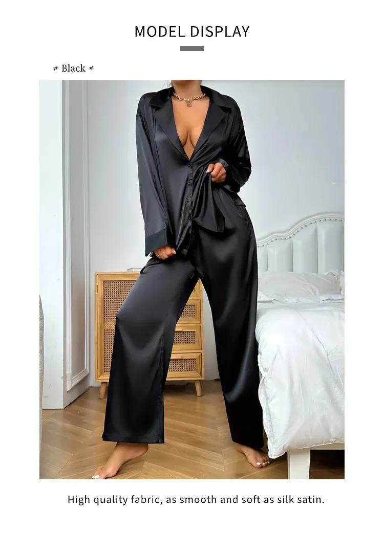 Women's Satin Silk Pajama Set - Long Sleeve Button-Down Top & Pants With Pockets, Cashew Blue, XX-Large