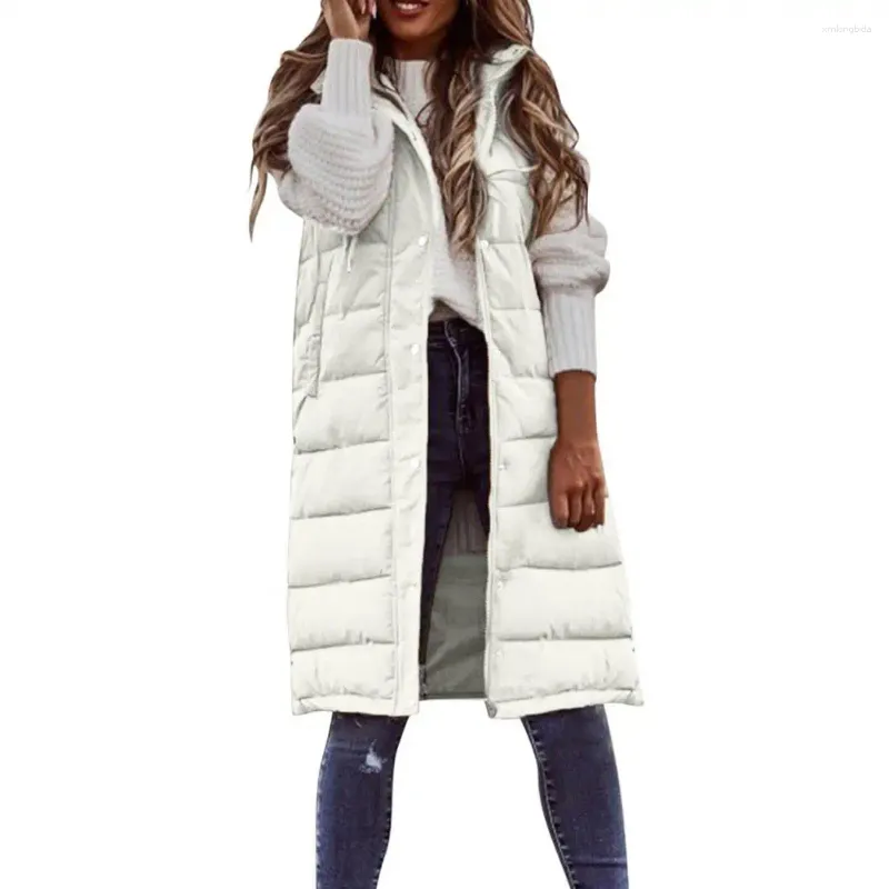 Gilets pour femmes veste sans manches polyvalent vers le bas gilet boutons fermeture éclair patte couleur pure à capuche genou longueur gilet manteau résistant au froid